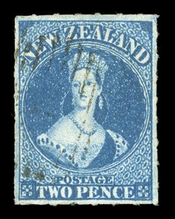 2d. deep blue with roulettes, or traces thereof, on all sides, superbly centered and lightly cancelled. A wonderful example of this luxuriant shade. Sc. 12b S.G. 49,
£475.