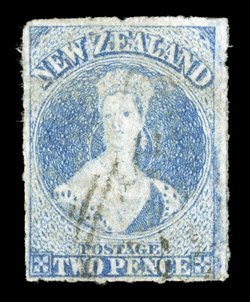 2d. slate-blue showing roulettes, or traces thereof, on all sides, a large example with design intact and showing burr rubbing at right, lightly cancelled pressed horizontal
creasing towards top though of good colour and appearance for this rare