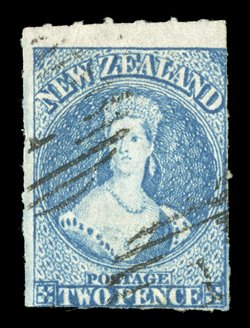 2d. pale blue showing roulettes, or traces thereof, on all sides and particularly apparent at top with a wide margin, twice neatly cancelled 1 in opposite corners at Auckland
fine and an attractive example of this scarce shade. R.P.S. Certific