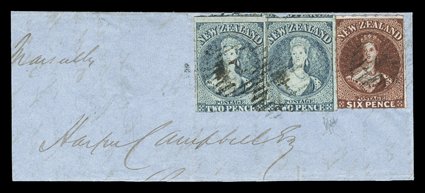 2d. pale blue horizontal pair showing signs of wear to the plate, and 6d. red-brown, all three showing good percentages of roulettes, each neatly cancelled 1 at Auckland and
affixed on piece with the 2d. pair clearly tied at foot, the reverse w