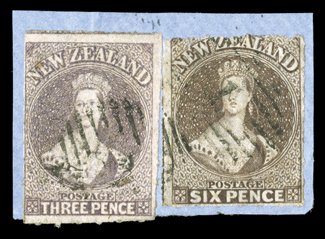 3d. brown-lilac with roulettes at top and at foot, in combination with pelure paper 6d. brown with roulettes, or traces thereof, on all sides, both cancelled 1 at Auckland and
affixed to small piece neither stamp is tied and they may not belon