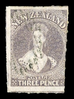 3d. brown-lilac with three large margins and roulettes, or traces thereof, on all sides, lightly cancelled. Scarce. Sc. 13c S.G. 52, £800.