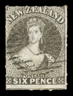 6d. black-brown with roulettes nearly all round, neatly cancelled 1 at Auckland fine. Holcombe Opinion (1995). Sc. 14c group S.G. 53, £475.