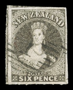 6d. black-brown, a huge example with large margins on all sides, roulettes at foot and with traces elsewhere, neatly cancelled 1 at Auckland diagonal crease not affecting the
superb appearance of this attractive stamp. B.P.A. Certificate (1990