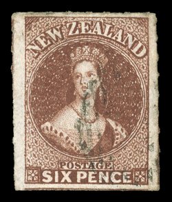 6d. red-brown, a large and well-centered example showing roulettes on three sides, mainly light cancellation a very fine example of this distinctive shade. Holcombe (1988) and
B.P.A. (1991) Certificates. Sc. 14c S.G. 55, £475. provenance: