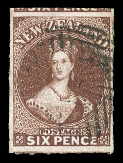 6d. red-brown, a well-centred example showing roulettes on three sides and with portion of adjoining stamp at top, three part cancellations leaving portrait largely clear fine
and attractive. Sc. 14c S.G. 55, £475. provenance: Harry Lac