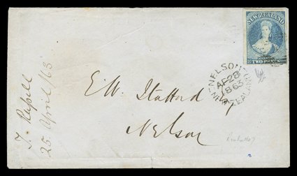 1863 (25 Apr.) envelope from Auckland to Nelson, bearing 2d. pale blue with roulettes at foot (lifted from the cover, some staining removed, and reaffixed in place), lightly
cancelled 1 and tied at foot, arrival c.d.s. (28.4) alongside, despatc