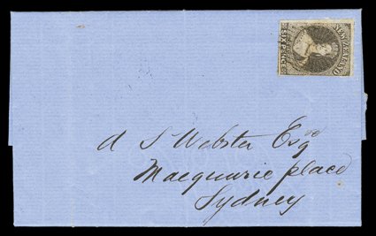 1862 (8 June) entire letter from Auckland to Sydney, bearing 6d. black-brown with roulettes in places, placed sideways and neatly cancelled 1, despatch and arrival (19.6)
c.d.s. on reverse the letter with some creases, which clearly tie the ad