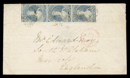 1862 (Dec.) envelope from Auckland to Norfolk, bearing 2d. slate-blue vertical strip of three with roulettes horizontally and vertically in places, each cancelled 1 and with
London transit c.d.s. (16.2) below, despatch and arrival (17.2) c.d.s.