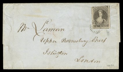 1862 (30 Dec.) entire from Auckland to London, bearing 6d. black-brown with three large margins and traces of roulettes, clearly cancelled 1 and showing, on reverse, despatch
and arrival (23.3) c.d.s. the entire with a little soiling though a