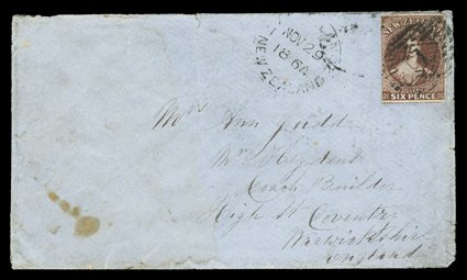 1864 (23 Nov.) envelope from Port Albert to Coventry, bearing 6d. red-brown with design intact and some roulettes at top, cancelled 1 and with Auckland c.d.s. (29.11)
alongside, the reverse (part flap missing and some soiling) with despatch and