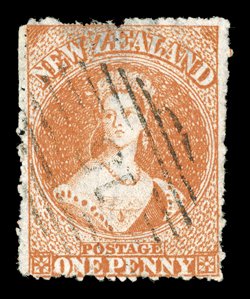 1d. orange-vermilion with the perforations largely intact on all sides, good colour and neatly cancelled 15 at Nelson some thinning at top which has removed a few of the
perforations though a presentable example of this rare stamp. R.P.S. Cert