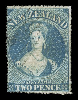 2d. deep blue with perforations all round, lightly cancelled rebacked though of good appearance. R.P.S. Certificate (1938). Sc. 12b S.G. 60, £1,200. provenance: Harry Lacoste
Bartrop, October 1984