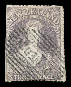 3d. brown-lilac with good strong perforations on three sides, imperforate at left which has a marginal line watermark, neatly cancelled dunedin in oval of bars thinned at foot
though of fine appearance. A rare stamp. Sc. 13b S.G. 62, £1