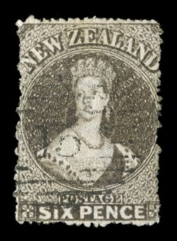 6d. black-brown, a narrow example with perforations nearly all round, clearly cancelled 15 at Nelson fine and attractive. R.P.S. Certificate (2000). Sc. 14b S.G. 63, £1,800.
provenance: R.C. Agabeg, March 1971