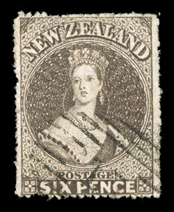 6d. brown with perforations all round, neatly cancelled 15 at Nelson leaving the face clear inclusion and hair flaw at top. An attractive example of this rare shade. Sc. 14b
group S.G. 64, £2,000.