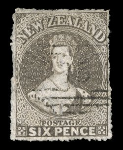 6d. brown, a pale shade with perforations virtually all round, lightly cancelled 15 at Nelson trace of a thin at left, otherwise sound. Rare. B.P.A. Certificate (1959). Sc.
14b group. S.G. 64, £2,000.