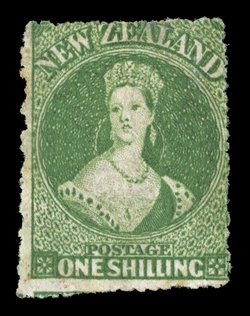 1- yellow-green with perforations nearly all round, apparently unused though with a couple of ink offset marks on reverse thin at top though. an attractive example of this
very rare stamp which is sold on its merits. R.P.S. Certificate (1944).