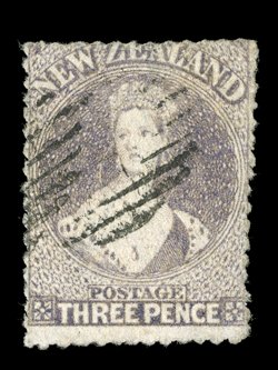 3d. brown-lilac with perforations all round, two small part bars cancellations small repair at upper right corner, otherwise sound. A pleasing example of this rare stamp.
Signed W Houtzamer. R.P.S. Certificates (1948 and 2001). Unlisted in Scott