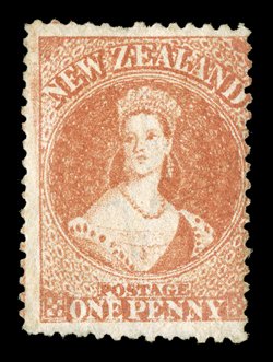 1d. orange-vermilion, fresh unused without gum one short perforation at top, otherwise sound. A rare stamp. R.P.S. Certificate (2007). Sc. 16a S.G. 68, £2,500. provenance:
DuBois, May 2007