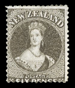 6d. black-brown, unused with part original gum, good color perforations fractionally trimmed at top, otherwise fine and rare. R.P.S. Certificate (2007). Sc. 19b S.G. 75,
£1,700. provenance: Antipodes, October 1988, DuBois, May 2007<