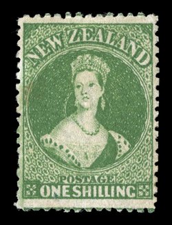 1- yellow-green, a well-centered example of strong rich color and with part original gum light stain at left and with right-hand perforation tips trimmed. A most attractive
example of this rare stamp and considered to be the finest existing exa
