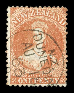 1d. orange-vermilion, neatly cancelled with superb virtually complete Dunedin 18 August 1863 c.d.s. very fine. Sc. 16a S.G. 68, £350.