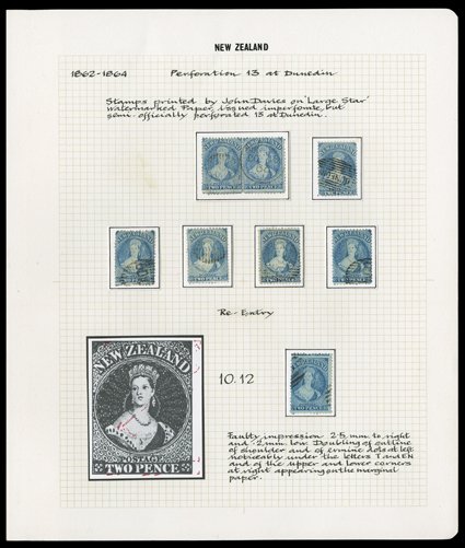 2d. selection comprising a horizontal pair and six singles, one with Row 1012 re-entry, in a variety of shades and showing various degrees of plate wear, variously cancelled
with the pair sharing Dunedin 1864 duplex generally fine. Sc. 17 group