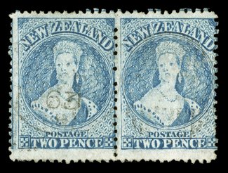 2d. blue vertical and horizontal pairs in contrasting shades and with the latter being large and showing some plate wear, both lightly cancelled with Dunedin 1864 and 1863
duplexes respectively. Sc. 17 group S.G. 7073 group.