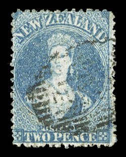 2d. slate-blue, cancelled with dunedin in bars. A sound example of this distinctive shade, the rarest of the 2d. printings. R.P.S.N.Z. Certificate (1980) states variety -
greenish slate. Sc. 17b S.G. 71, £600.