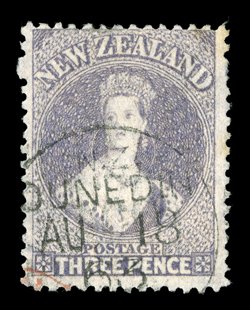 3d. brown-lilac neatly cancelled with Dunedin 18 August 1863 c.d.s. and small portion of a further c.d.s. in red at lower left corner trace of a stain in upper right corner
otherwise very fine. Scarce and attractive. Sc. 18 S.G. 74, £450.