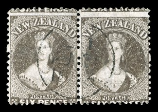 6d. black-brown horizontal pair, neatly cancelled with a fine single strike of the Lytellton L1 c.d.s. for 21 August 1863. A fine, scarce and attractive multiple. Sc. 19b S.G.
75, £450.