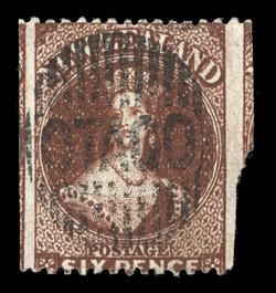 6d. red-brown, variety perforated 13 on the horizontal sides and imperforate vertically with wide margins and showing portions of the adjoining stamps, neatly cancelled OTAGO
in bars most unusual. R.P.S. Certificate (2006). Sc. 19 var. S.G. 7