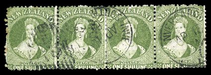 1- yellow-green, a strip of four twice cancelled with portions of the Invercargill 21 duplex the left-hand stamp with a few foxed perforations, otherwise fine. A rare
multiple. R.P.S. Certificates (1959 and 2000). Sc. 20b S.G. 80, £1,200+. <