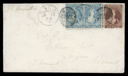 1864 (18 Jan.) envelope Via Marseilles to Ireland, bearing 2d. blue horizontal pair and 6d. red-brown sharing, and tied by, two strikes of the otago duplex, Lurgan arrival
c.d.s. (14.3) on reverse the stamps (6d. with a corner crea