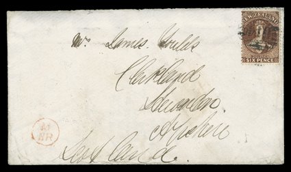 1864 (Mar.) envelope from Tokomairiro to Scotland, bearing 6d. red-brown cancelled O14 and with circular-framed MNR railway handstamp in red at lower left corner, the reverse
with weak despatch c.d.s., Dunedin (16.3), Kilmarnock (18.3)