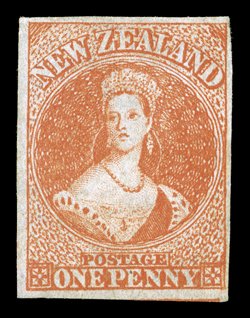 1d. orange-vermilion, unused without gum, good colour and with large margins all round showing trace of adjoining stamp at foot tiny mark on E of PENNY. A fine example of this
very rare stamp, of which very few unused examples are known. Hol