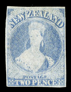 2d. ultramarine, unused without gum, strong color and with good to large margins two barely apparent pinholes on the bust, otherwise sound and of fine appearance. An
attractive example of this very rare stamp. R.P.S. Certificate (1986). Sc. 22 g