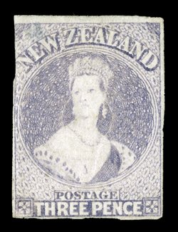 3d. lilac, unused without gum, clear to large margins all round except at upper left, of fresh bright color and of striking visual appearance crease at lower left corner, thin
at top and soiled in places, all of minimal consequence when one cons