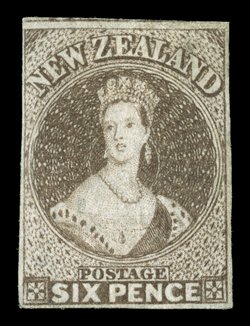 6d. black-brown, unused without gum, clear to large margins showing portion of adjoining stamp at top, fresh light bright color natural paper inclusion on crown and small
thin, neither affecting the fine appearance of this rare stamp. R.P.S. Cer