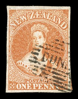 1d. orange-vermilion with good to large margins and showing trace of adjoining stamp at lower right corner, good strong color and neatly cancelled with dunedin in oval of bars
leaving much of face clear. An attractive example of this rare