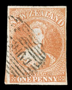 1d. orange-vermilion, a light bright shade with good to large margins showing trace of adjoining stamp at lower left corner, neatly cancelled with dunedin in oval of bars
leaving some of face clear. An attractive example of this rare stam