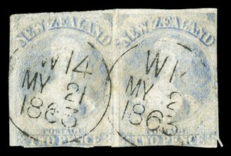 2d. pale ultramarine, a horizontal pair with some good to large margins, each clearly cancelled with Middle W14 21 May 1863 c.d.s. (the earliest recorded date of use) a few
small faults though a rare multiple of this delicate stamp. Sc. 22 S.