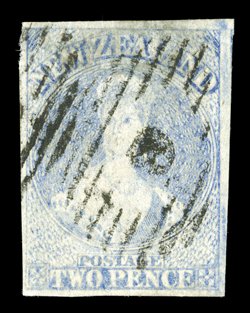 2d. pale ultramarine with good to large margins all round and showing trace of adjoining stamp at upper right, cancelled 9 at New Plymouth small thin towards top though of
fine appearance. Sc. 22 S.G. 83, £800.