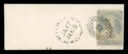 2d. pale ultramarine with good to large margins, neatly cancelled 12 at Wanganui (Petre) and tied on piece with Wellington c.d.s. for 17 January 1863 the piece affixed to
piece of album page of the same size attractive. Sc. 22 S.G. 83, £800.