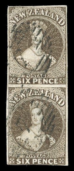 6d. black-brown vertical pair, just clear to large margins all round and each cancelled 7 at Wellington, good strong color and an unusual format multiple. R.P.S. Certificate
(2007). Sc. 24 S.G. 85, £500+.