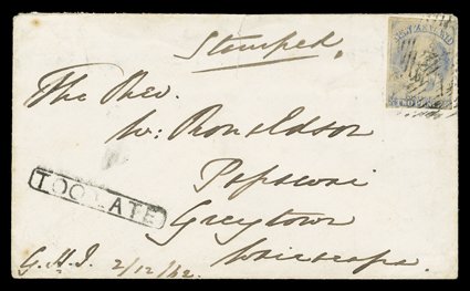 1862 (2 Dec.) envelope from Wellington to Greytown Wairarapa, bearing 2d. ultramarine with clear to large margins twice cancelled 7 and with a manuscript ink mark, boxed TOO
LATE at lower left corner and showing, on reverse, despa