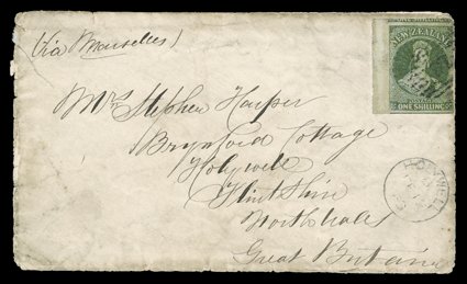 1862 (13 Dec.) envelope from Lyttelton Via Marseilles to Holywell, Wales, bearing 1- deep green marginal example from the left of the sheet with 5mm. sheet margin and showing
portions of adjoining stamps at top and at foot , cancelled 16