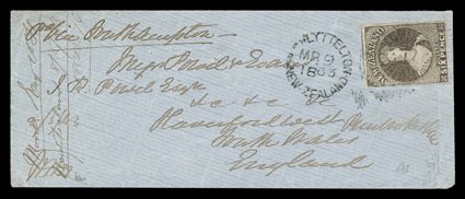 1863 (9 Mar.) small envelope from Lyttelton Via Southampton to Haverford West, Wales, bearing 6d. black-brown with good to large margins nearly all round, placed sideways and
very lightly cancelled, fine despatch c.d.s. alongside, the rever