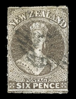 6d. black-brown, a large and quite well-centered example with roulettes, or traces thereof, on all sides, indistinct cancellation sound. Sc. 24b S.G. 88, £475.